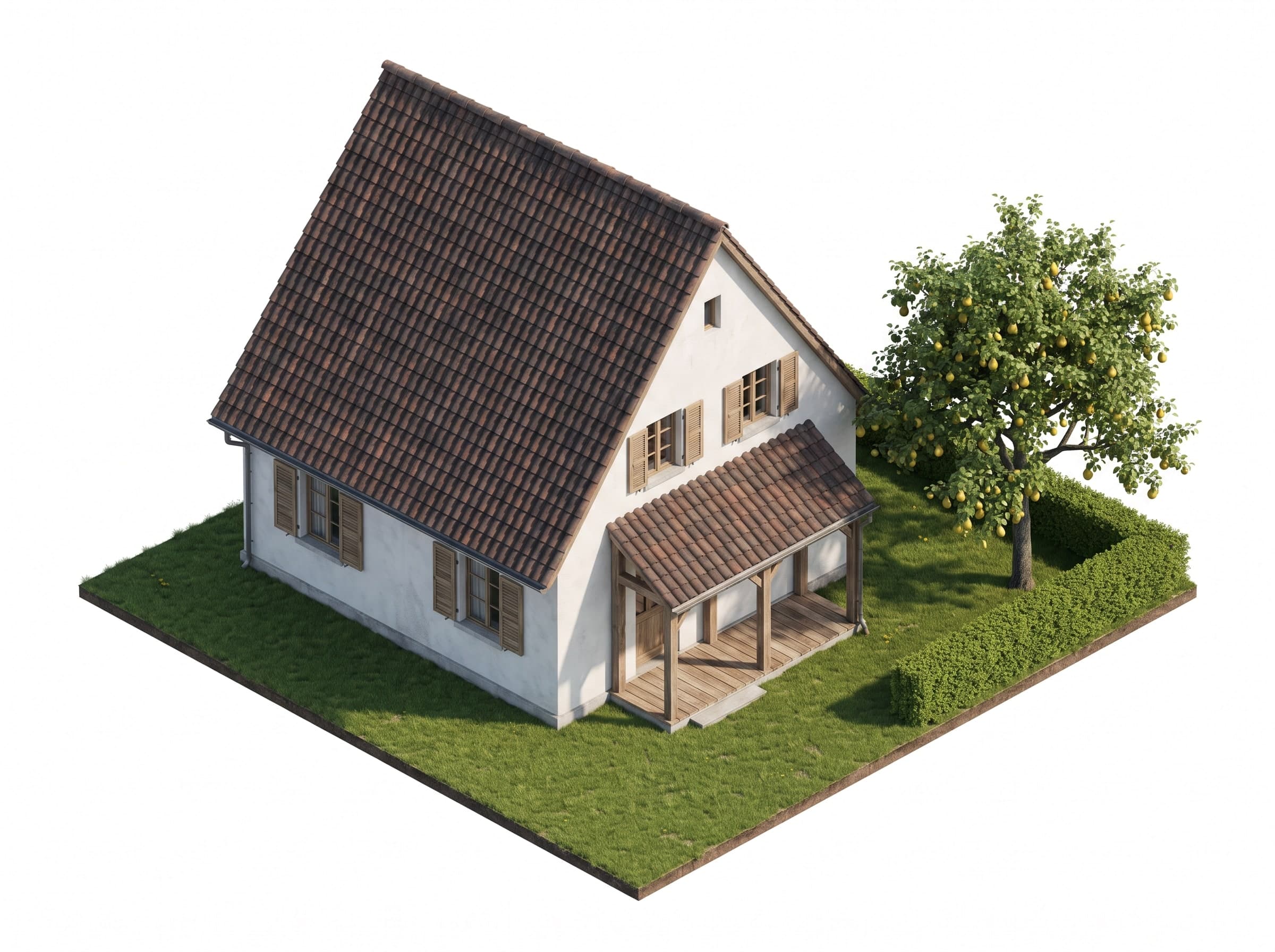 Visualisierung: weisses Einfamilienhaus mit Ziegeldach und Obstbaum auf einem Rasenstück