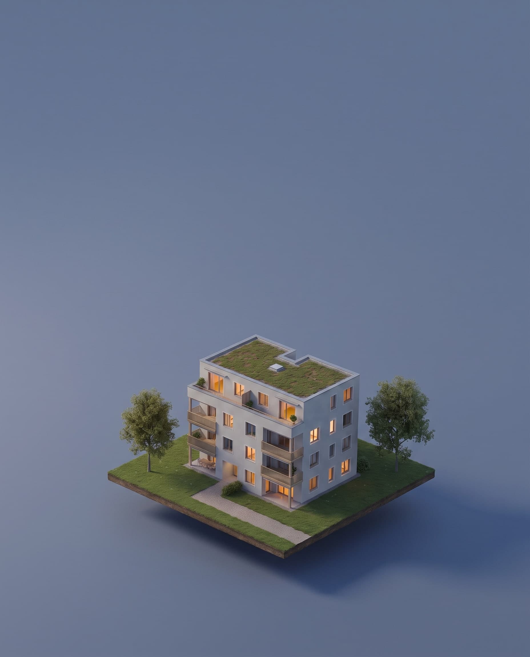 Visualisierung: viergeschossiges Mehrfamilienhaus mit begrüntem Dach auf einem Rasensockel, Blaue Stunde